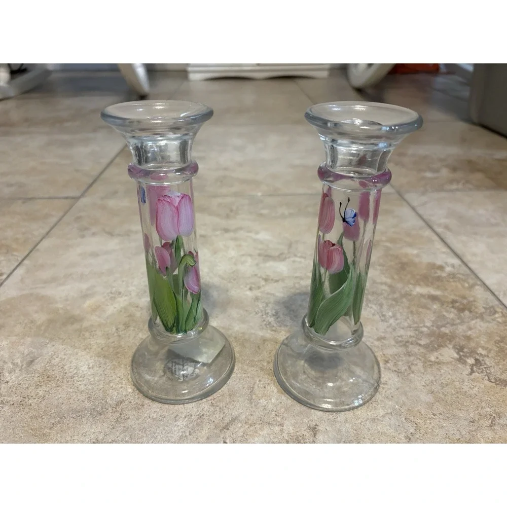 Christine Schreiber Forget-Me-Not Hand Painted Glass Candlesticks Tulips Pair